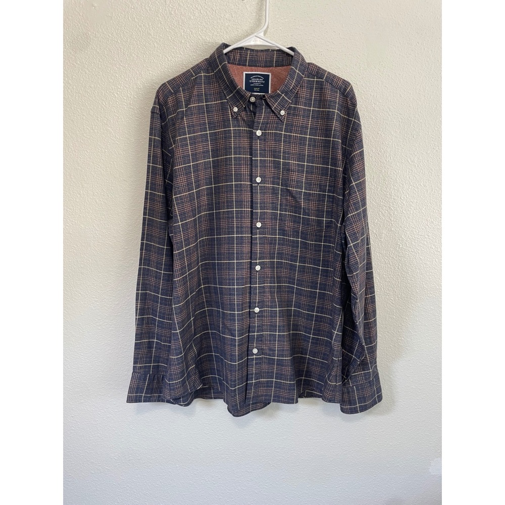 Charles Tyrwhitt Mens XL Button Down Shirt Blue Brown Excellent Slim Fit Plaid